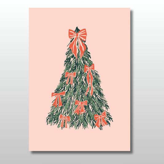 Christmas tree with red bows on a pink background