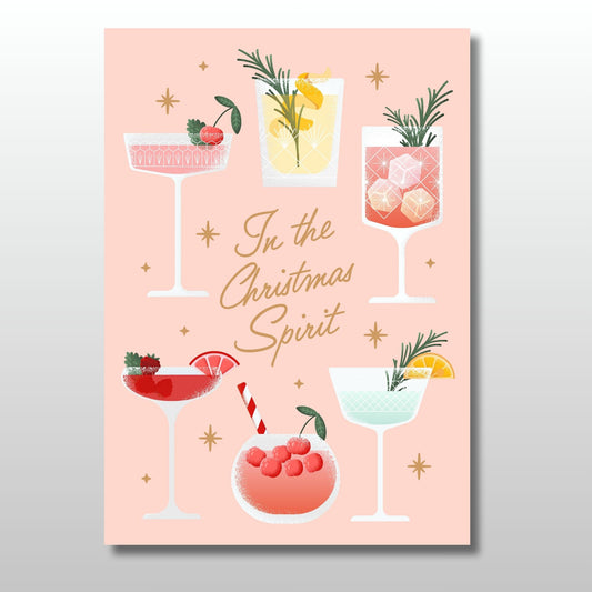 Colourful hand drawn Christmas cocktails on a light pink background