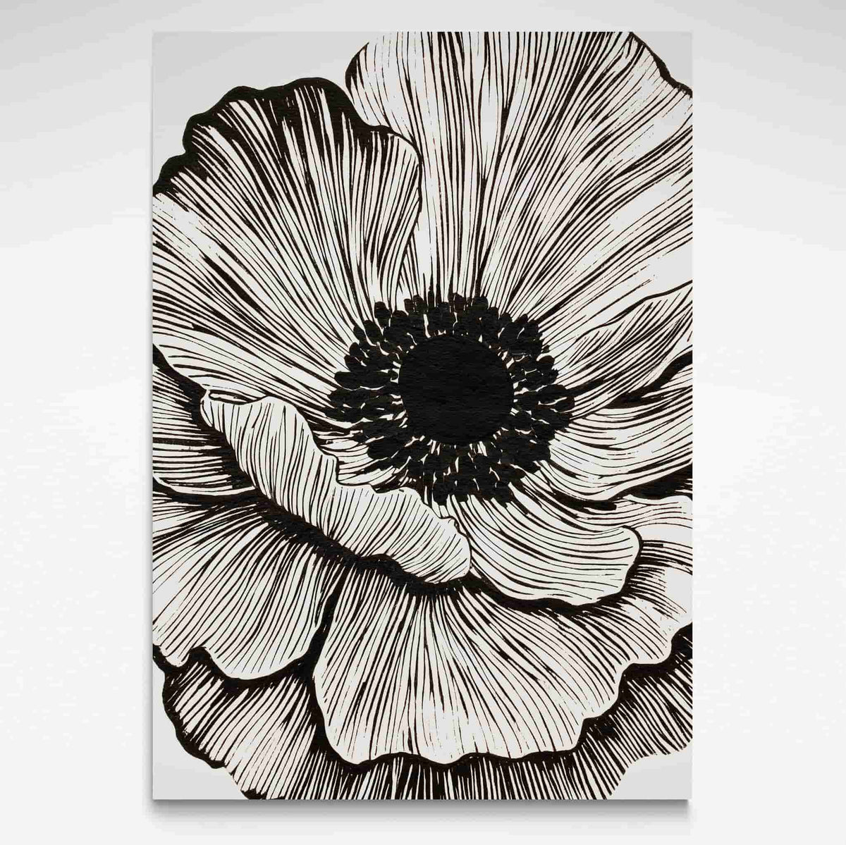 Solstice Studio black and white flower print featuring a large detailed flower with expressive black lines on a cream background.
