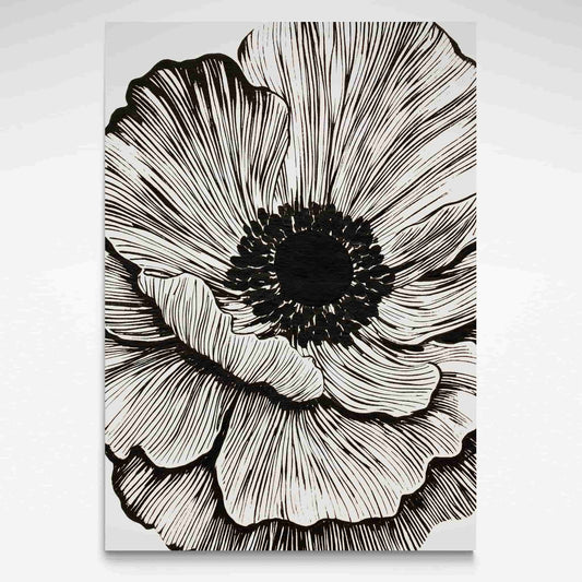 Solstice Studio black and white flower print featuring a large detailed flower with expressive black lines on a cream background.