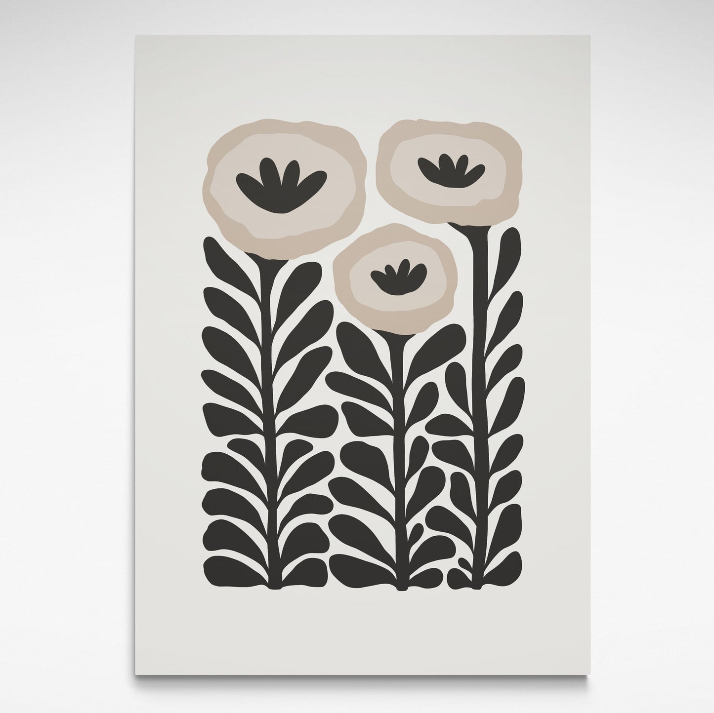 Decorative floral design with beige flowers and black leaves on a white background