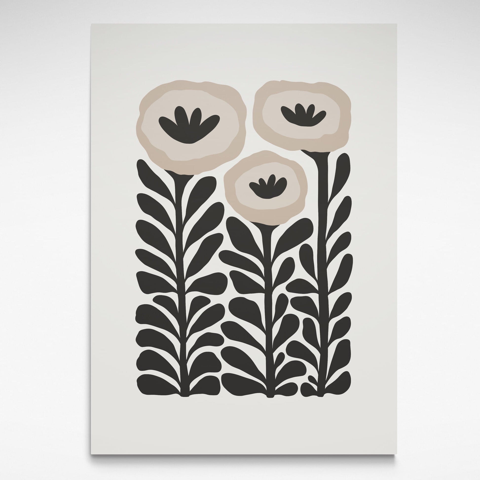 Decorative floral design with beige flowers and black leaves on a white background