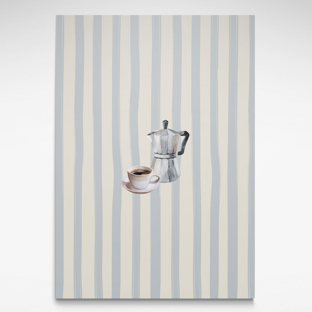 Solstice Studio Prints "Coffee" print featuring a moka pot and coffee cup on a soft blue and cream striped background.