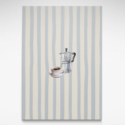 Solstice Studio Prints "Coffee" print featuring a moka pot and coffee cup on a soft blue and cream striped background.