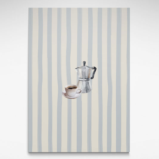 Solstice Studio Prints "Coffee" print featuring a moka pot and coffee cup on a soft blue and cream striped background.