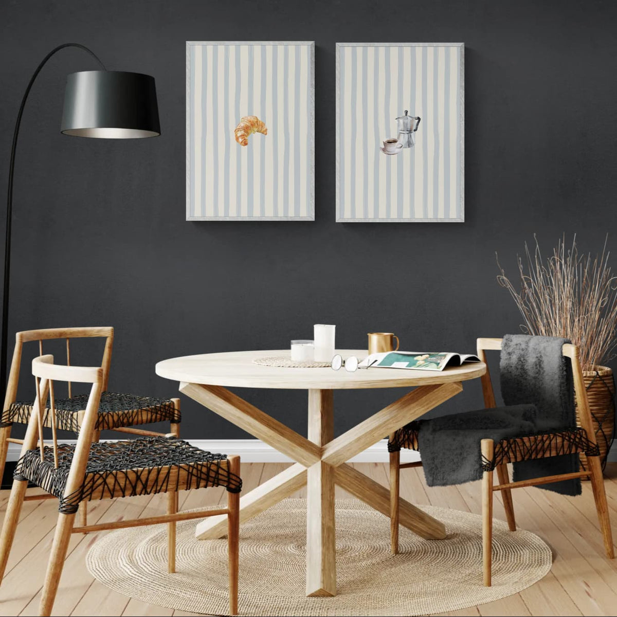 Solstice Studio "Coffee" and "Croissant"  prints hanging together on a dark grey wall