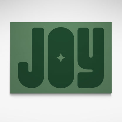 Solstice Studio Prints art print featuring the word 'JOY' in large, bold, dark green retro-style letters on a muted sage green background.