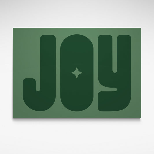 Solstice Studio Prints art print featuring the word 'JOY' in large, bold, dark green retro-style letters on a muted sage green background.