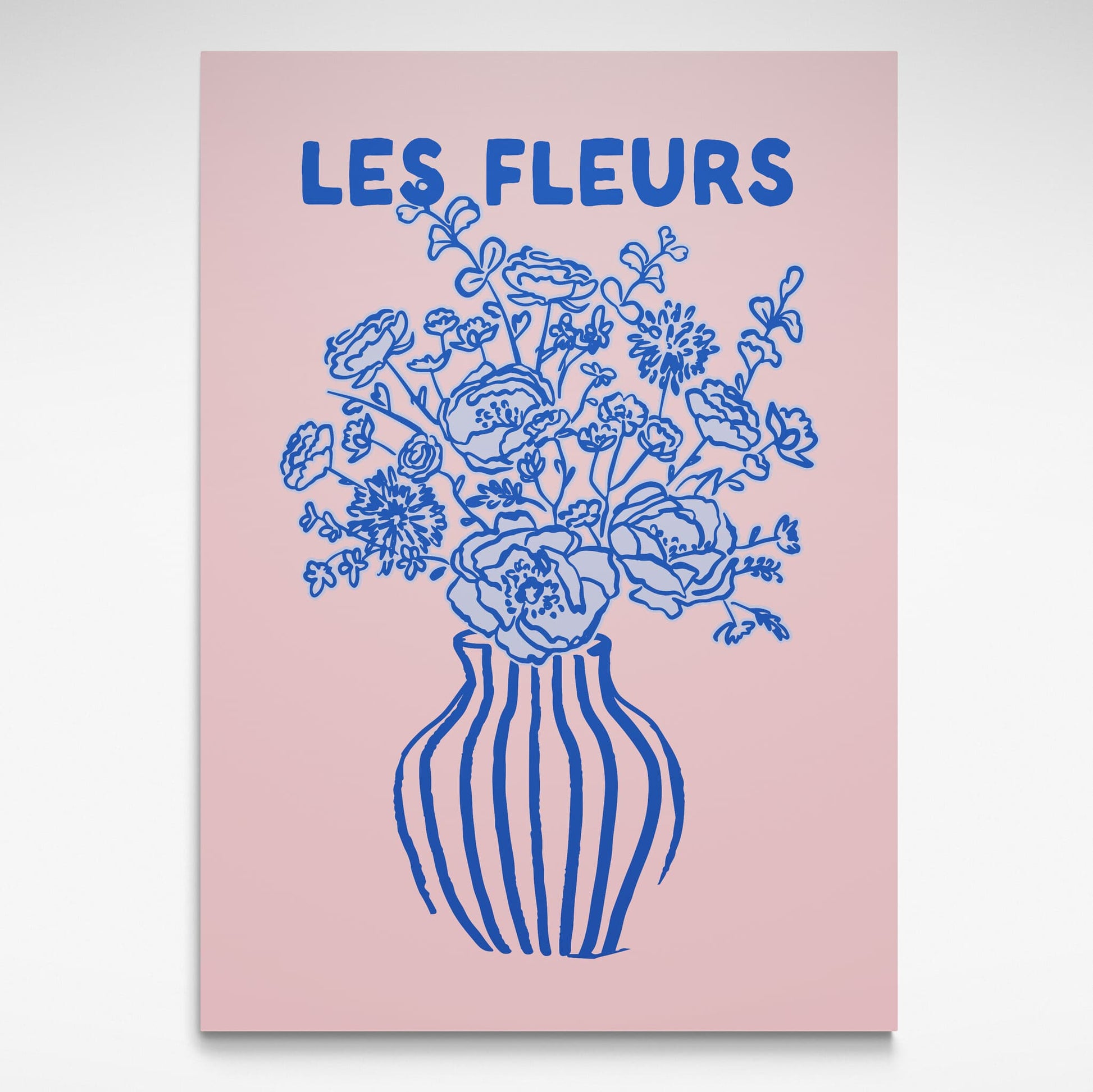 Print with blue floral illustration and 'LES FLEURS' text on a pink background