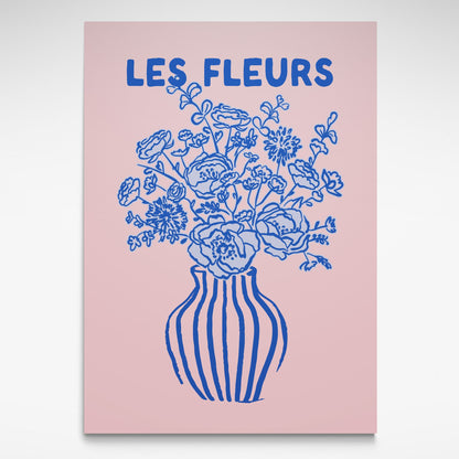 Print with blue floral illustration and 'LES FLEURS' text on a pink background