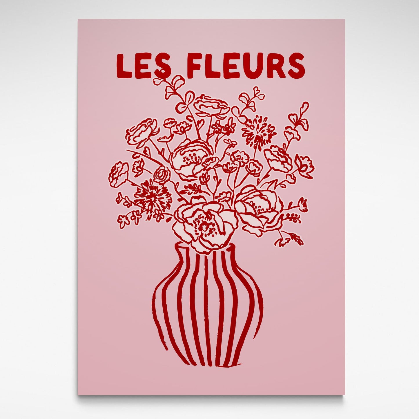 Print with red floral design and 'LES FLEURS' text on a pink background