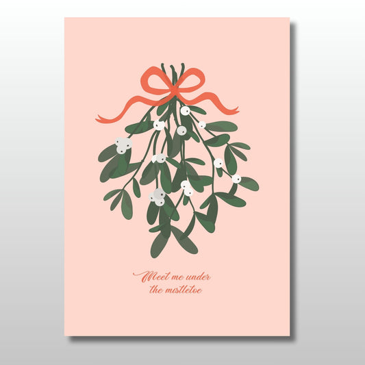 Print with mistletoe illustration and red ribbon on a pink background