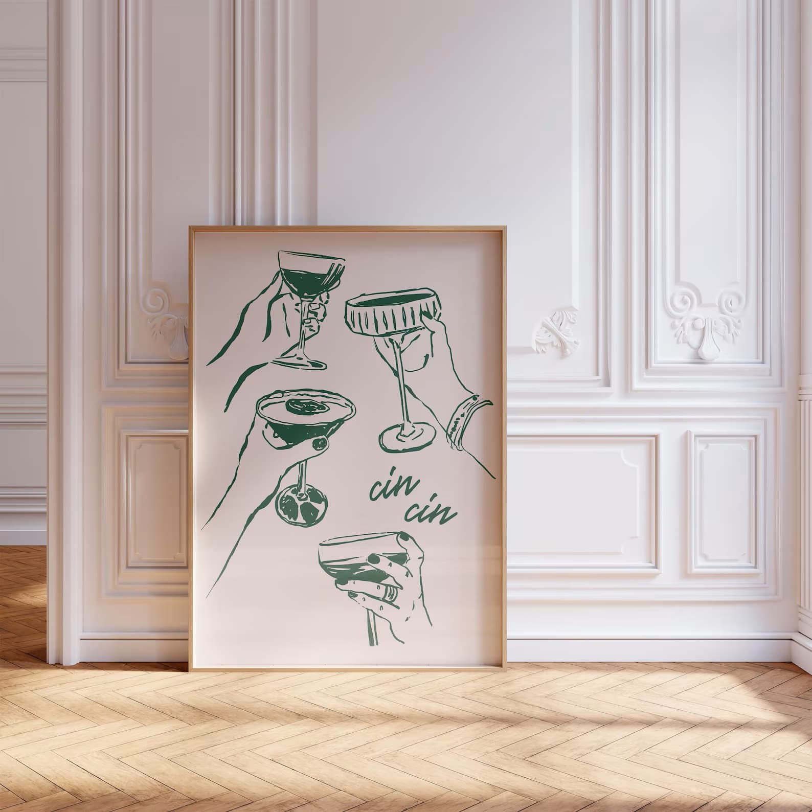 A framed bold green monochromatic poster of cocktail glasses, featuring the phrase "Cin Cin" by Solstice Studio Prints