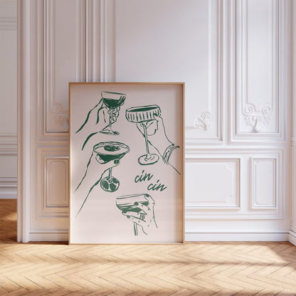 A framed bold green monochromatic poster of cocktail glasses, featuring the phrase "Cin Cin" by Solstice Studio Prints