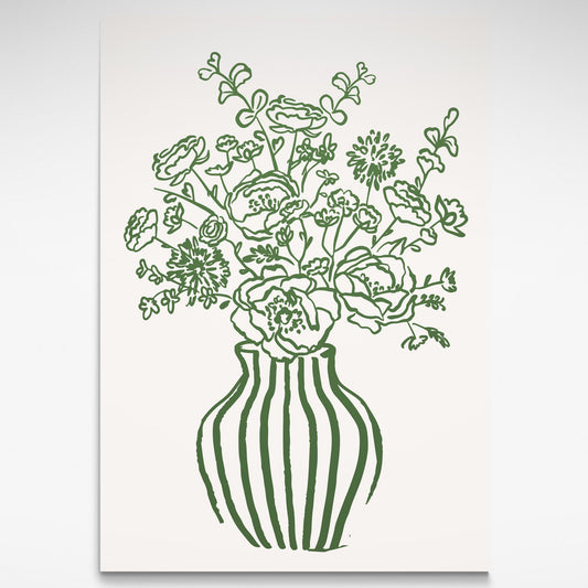 The minimalist green floral poster by Solstice Studio features a retro-striped vase with hand-drawn flowers, perfect for modern living room decor or adding a trendy, artistic touch.