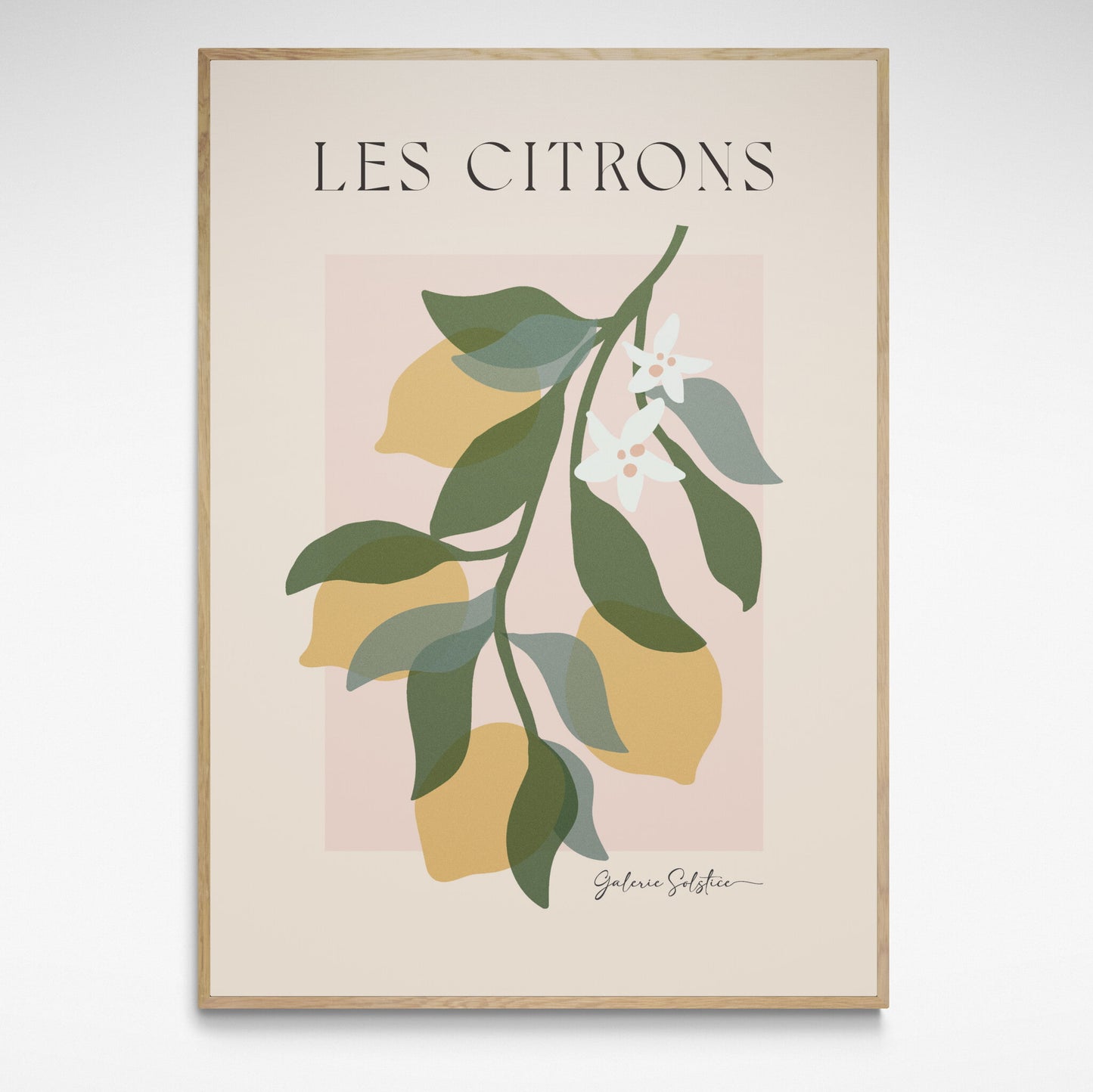 Print of Lemons and white flowers on Branch.