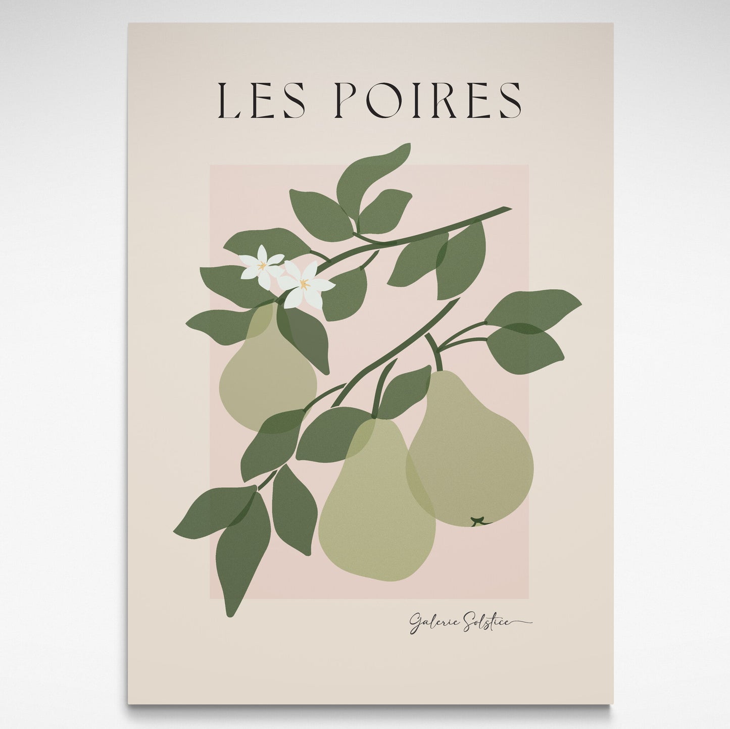 Print of pears and leaves on a branch with blossom.