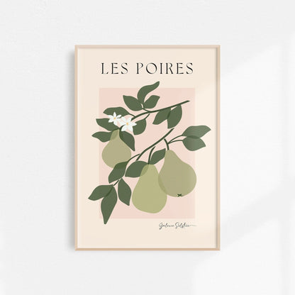 Framed print of pears and leaves on a branch with blossom.