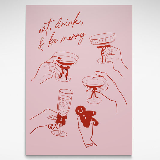 Festive print of hands with glasses toasting Christmas on a soft pink background.