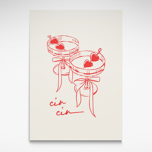 Print of two cocktail glasses with cin cin written across the bottom