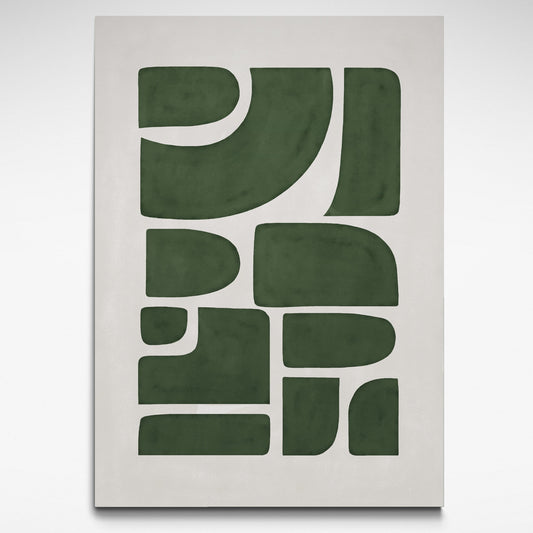 Abstract art piece by Solstice Studio Prints with dark green shapes on a beige background