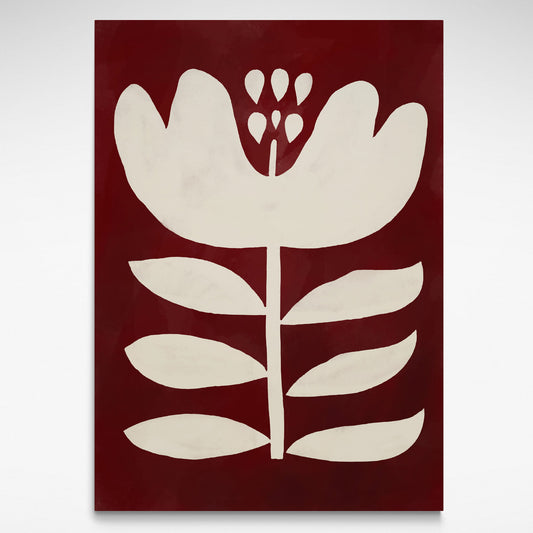 White floral design on a dark red background, print by Solstice Studio
