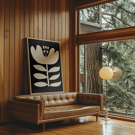 Large black and white flower print with abstract floral design, perfect for Scandinavian, Mid-Century, minimalist, or boho interiors.