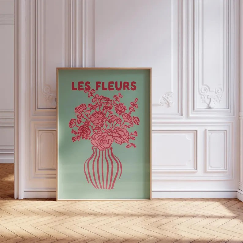 "Les Fleurs Green and Pink" floral hand-drawn print by Solstice Studio Prints, featuring intricate green and pink florals leaning against a white wall