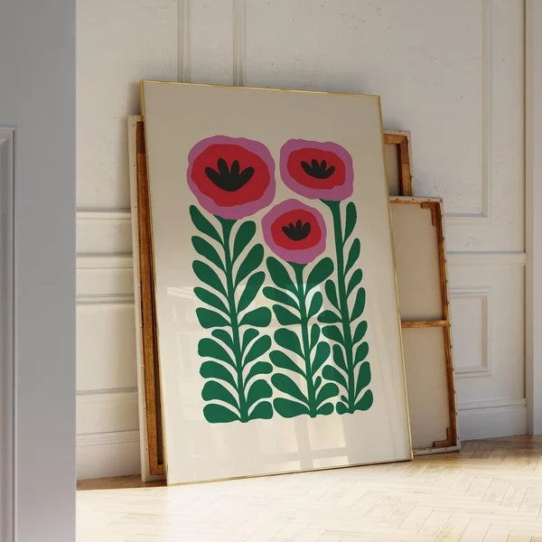Retro Poppy is a stylized art print by Solstice Studio, featuring soft green leaves and vibrant pink and red blooms.