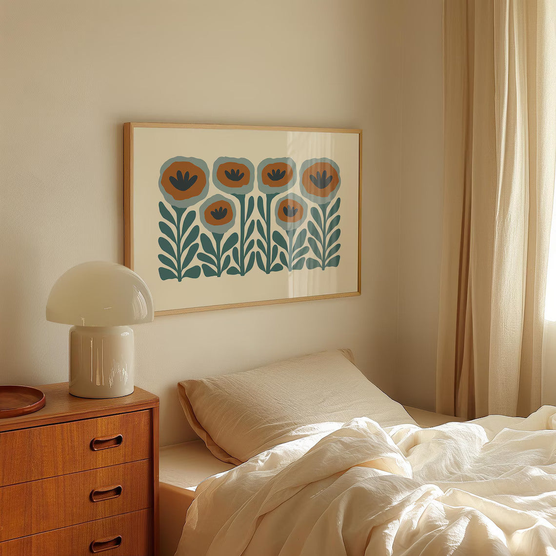 Teal and rust brown abstract poppy print featuring organic shapes and earthy tones, adding warmth and style to any space. Shown hanging above a bed.