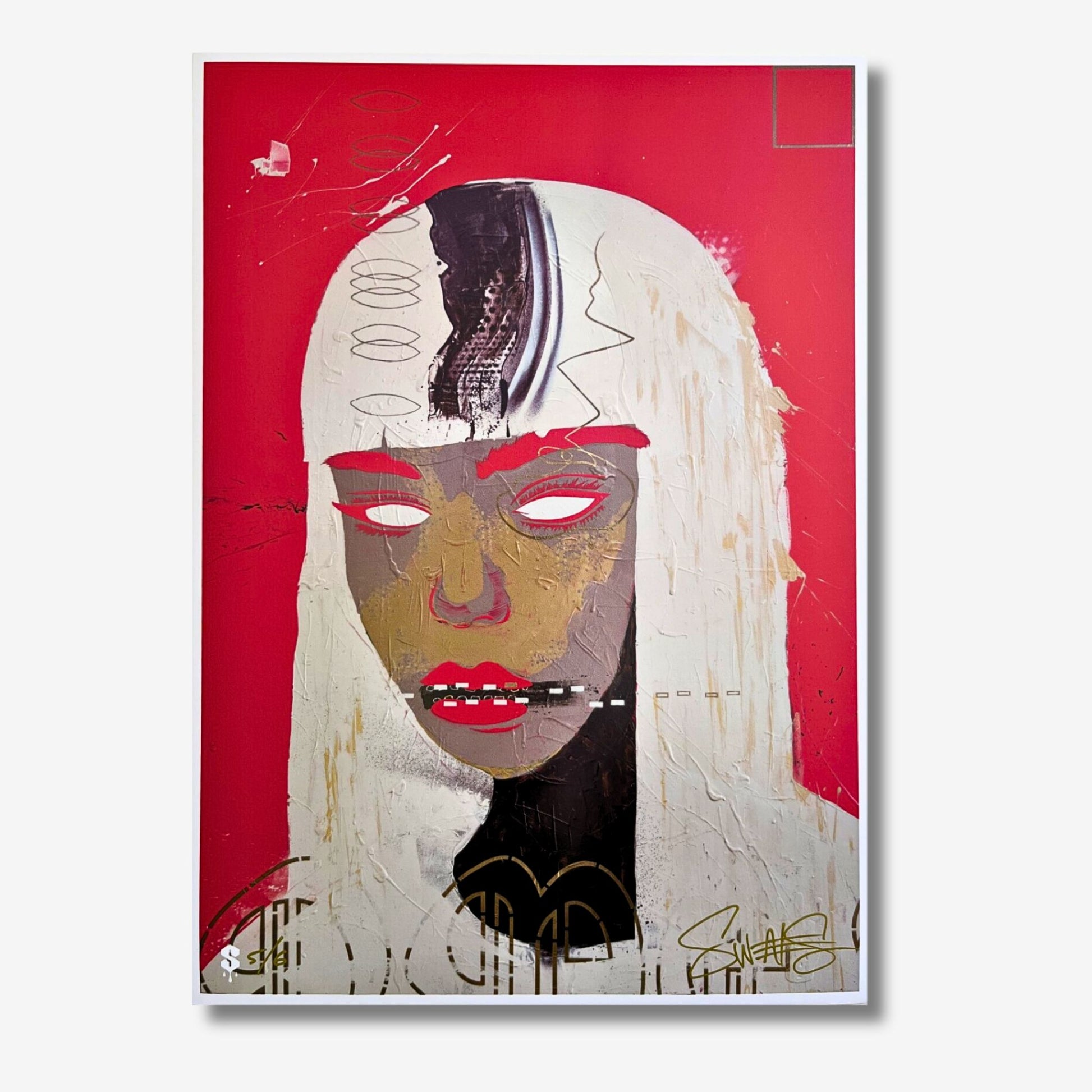 Abstract art piece with a stylized face on a red background