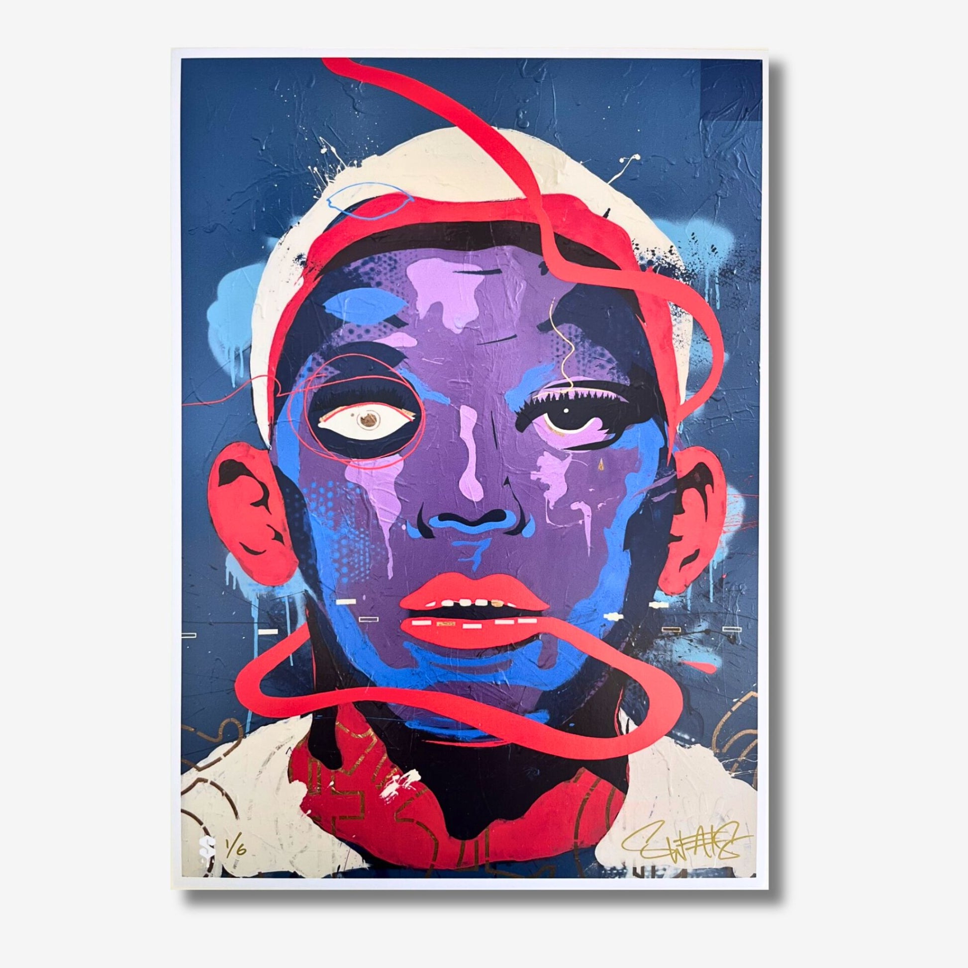 Print of an abstract face on a blue background