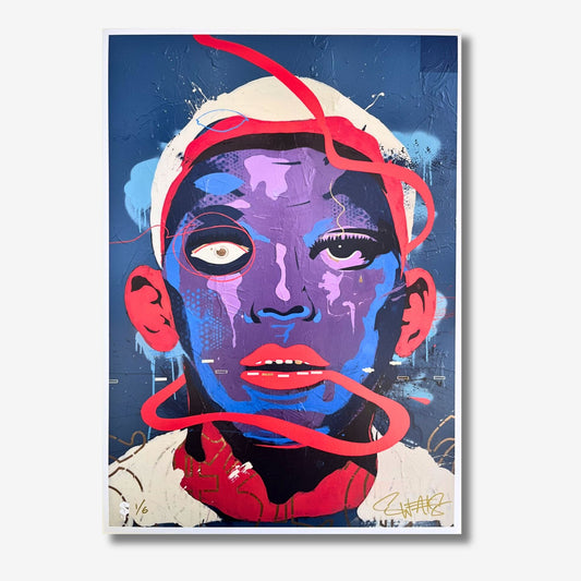 Print of an abstract face on a blue background