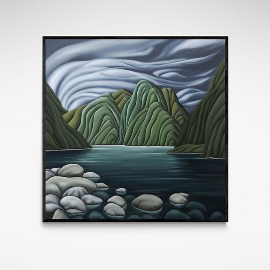 Moody framed print of mountains, blue water of the sounds and grey sky.