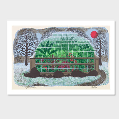Colourful illustration by Eileen Mayo of a greenhouse with tropical plants in a snowy landscape