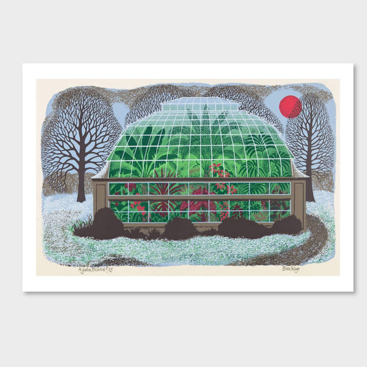 Colourful illustration by Eileen Mayo of a greenhouse with tropical plants in a snowy landscape