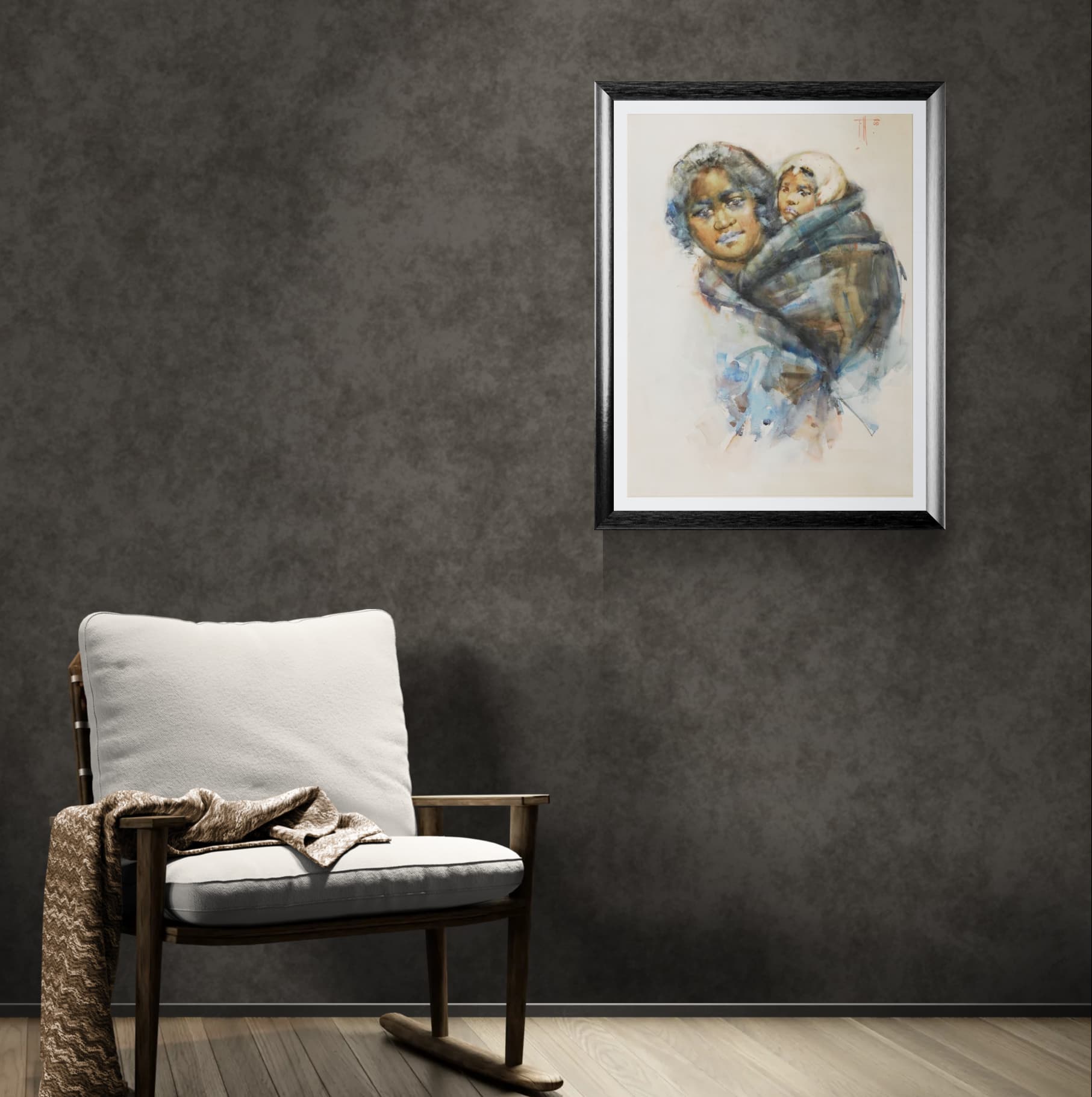 A framed and hanging Frances Hodgkins Māori Woman and Child reproduction art print