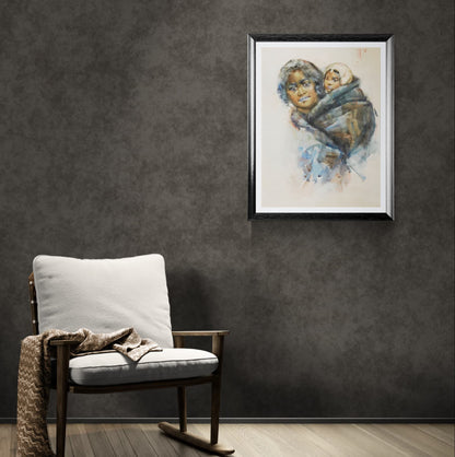 A framed and hanging Frances Hodgkins Māori Woman and Child reproduction art print