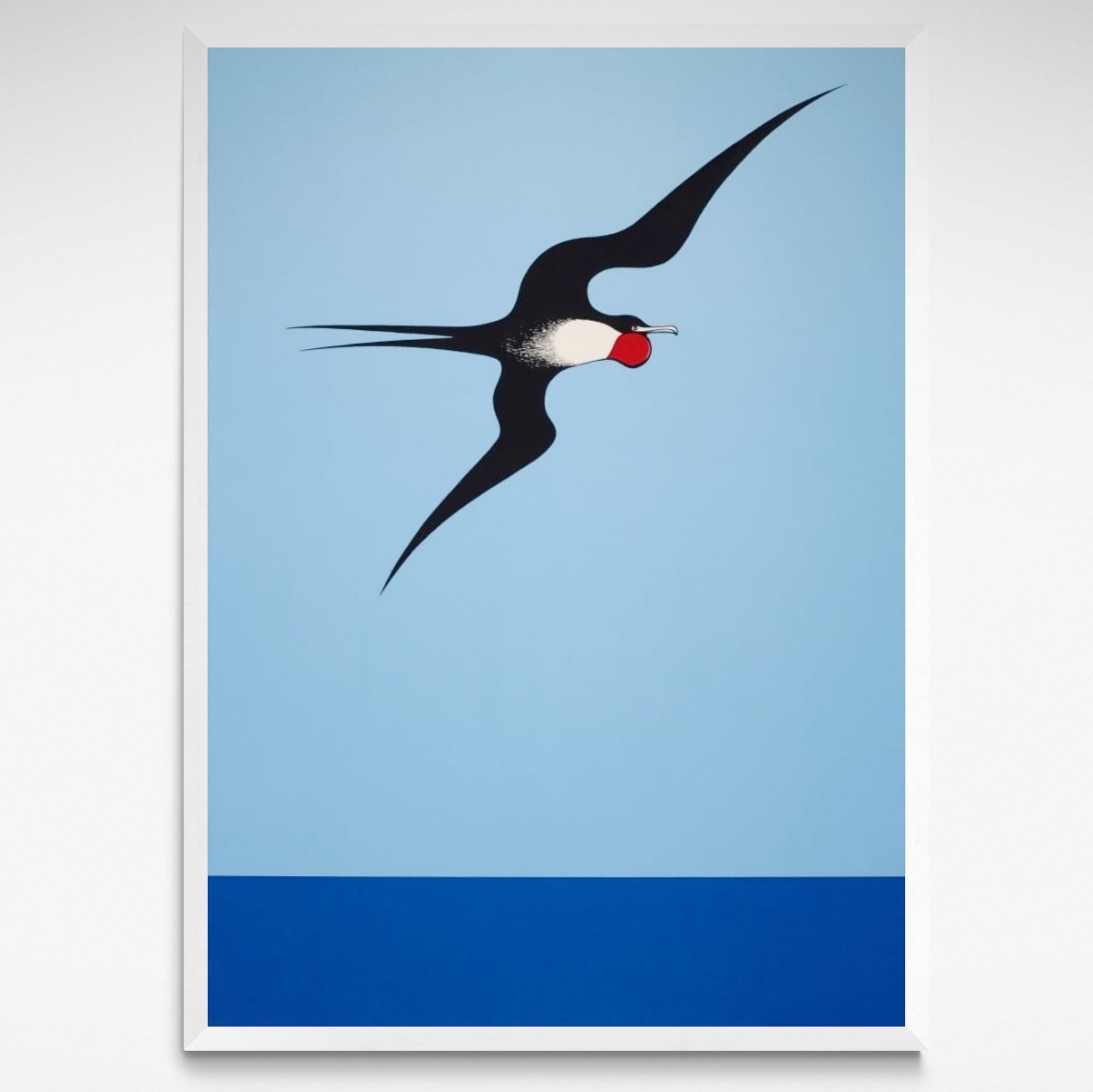 Frigate Bird reproduction print by Don Binney featuring a bold bird against a blue sky in Binney’s iconic style.