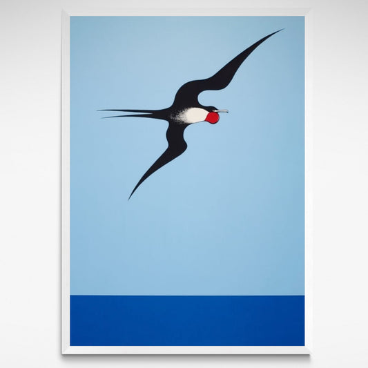 Frigate Bird reproduction print by Don Binney featuring a bold bird against a blue sky in Binney’s iconic style.