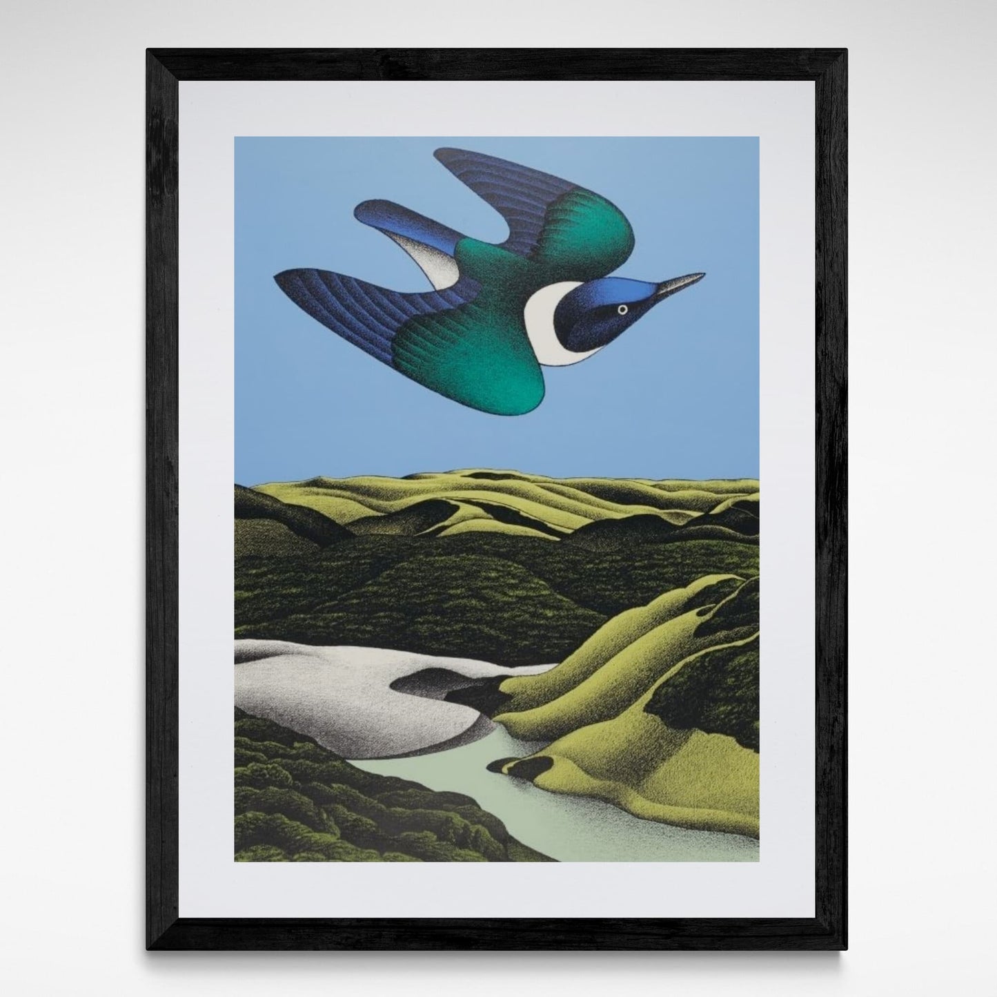 Framed reproduction print of Don Binney’s "Swoop of the Kotare, Wainamu", featuring a native bird in bold flight over a stylised New Zealand landscape.