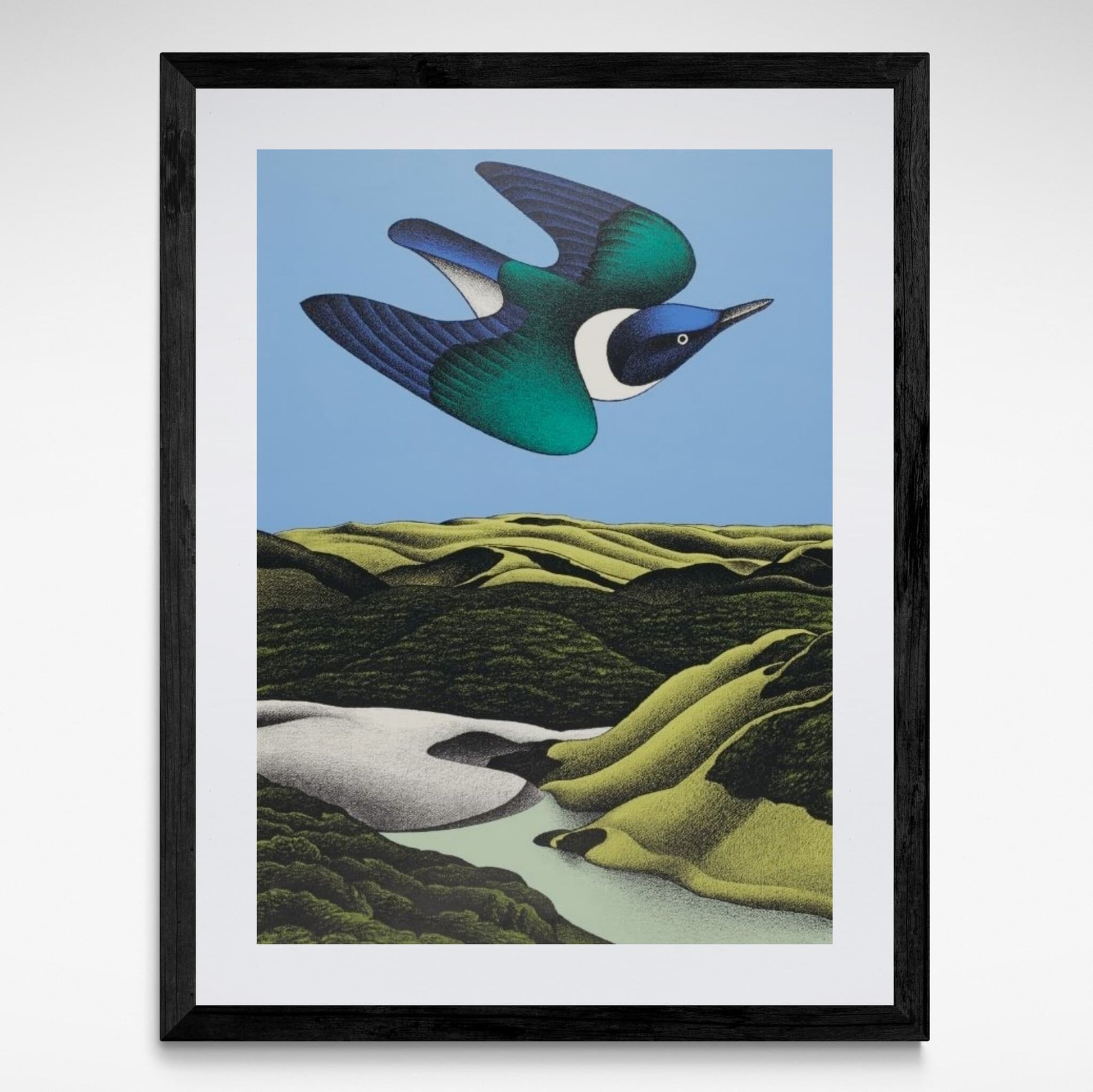 Framed reproduction print of Don Binney’s "Swoop of the Kotare, Wainamu", featuring a native bird in bold flight over a stylised New Zealand landscape.