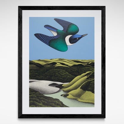Framed reproduction print of Don Binney’s "Swoop of the Kotare, Wainamu", featuring a native bird in bold flight over a stylised New Zealand landscape.