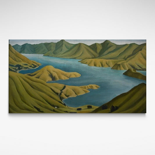 Print of the Akaroa harbour landscape with rolling green hills and blue water
