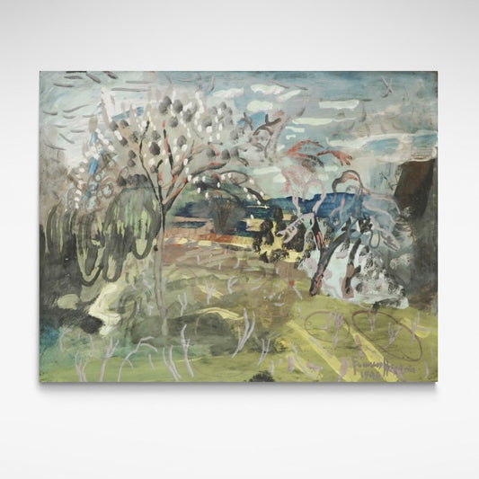 Print of an abstract painting depicting an orchard of blooming cherry and pear trees