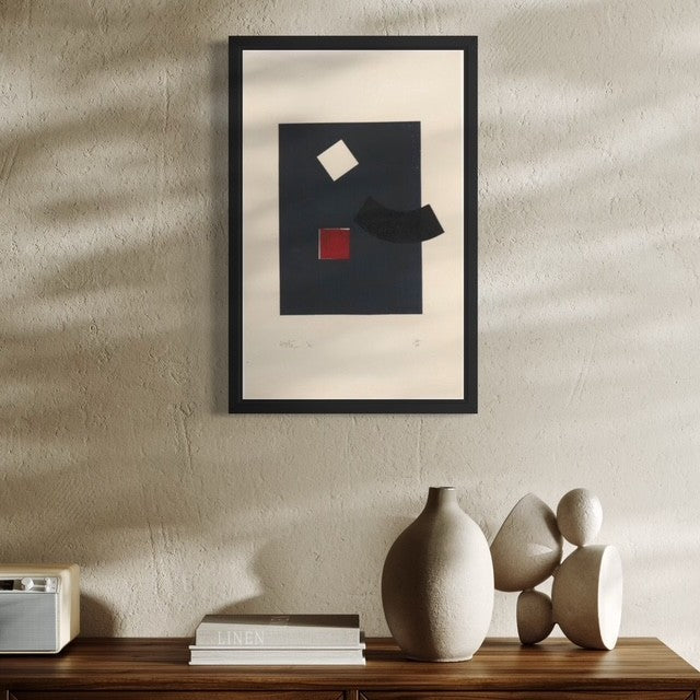 Ralph Hotere print "Untitled 1965, Blue Squares, hanging on a neutral wall