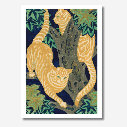 Reproduction of Eileen Mayo’s 1931 linocut "Cats in the Trees," featuring elegant cats perched among stylized tree branches.