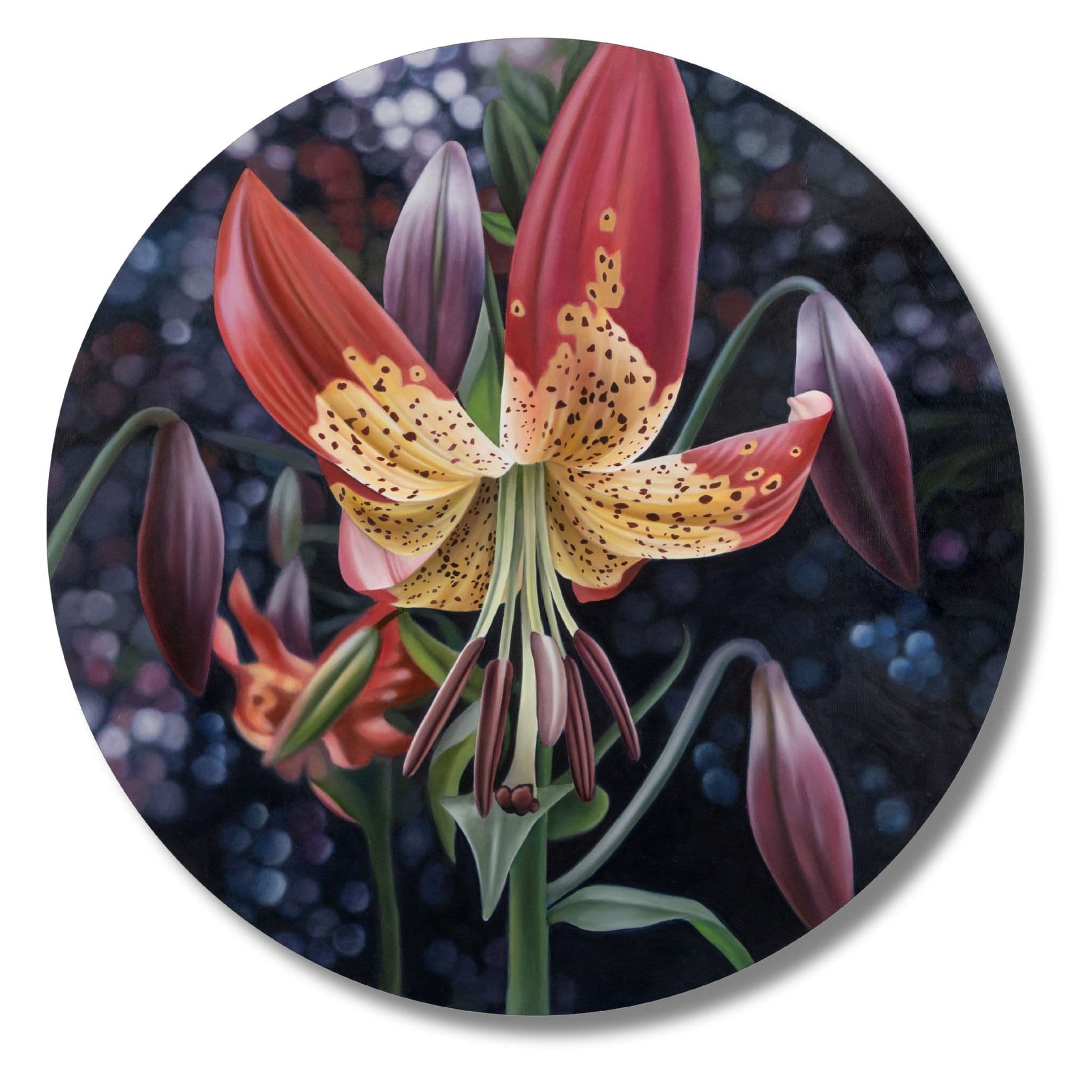A detailed painting of a spotted lily in full bloom, vibrant colors and intricate textures are inspired by Rod Eales’ garden.