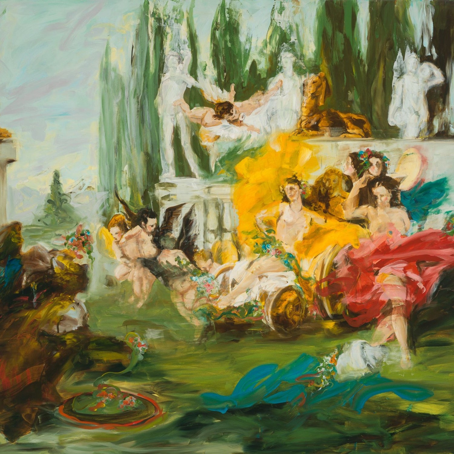 Colourful, classical scene with figures and statues in a garden setting