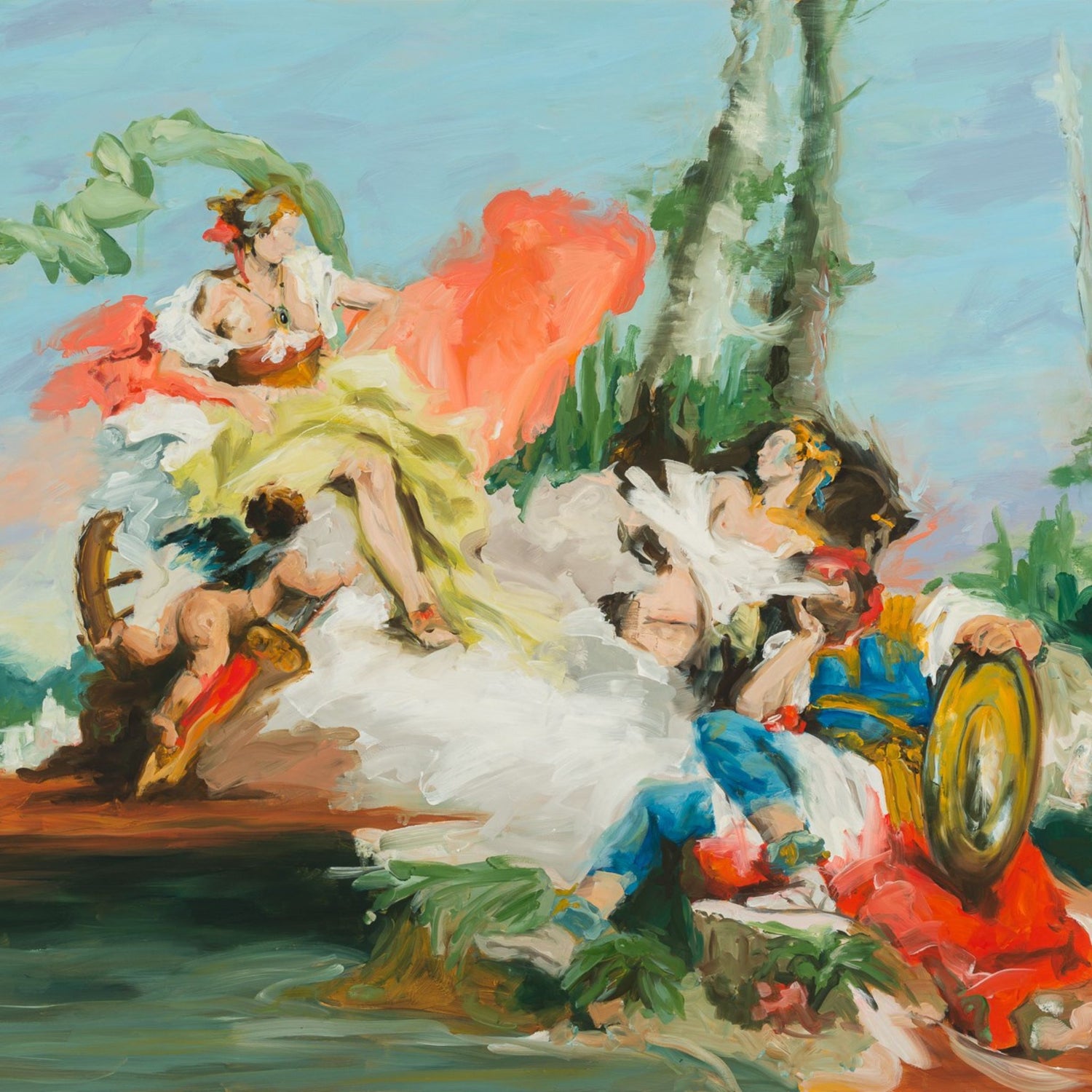 Contemporary, colourful print of classical art with abstract figures 